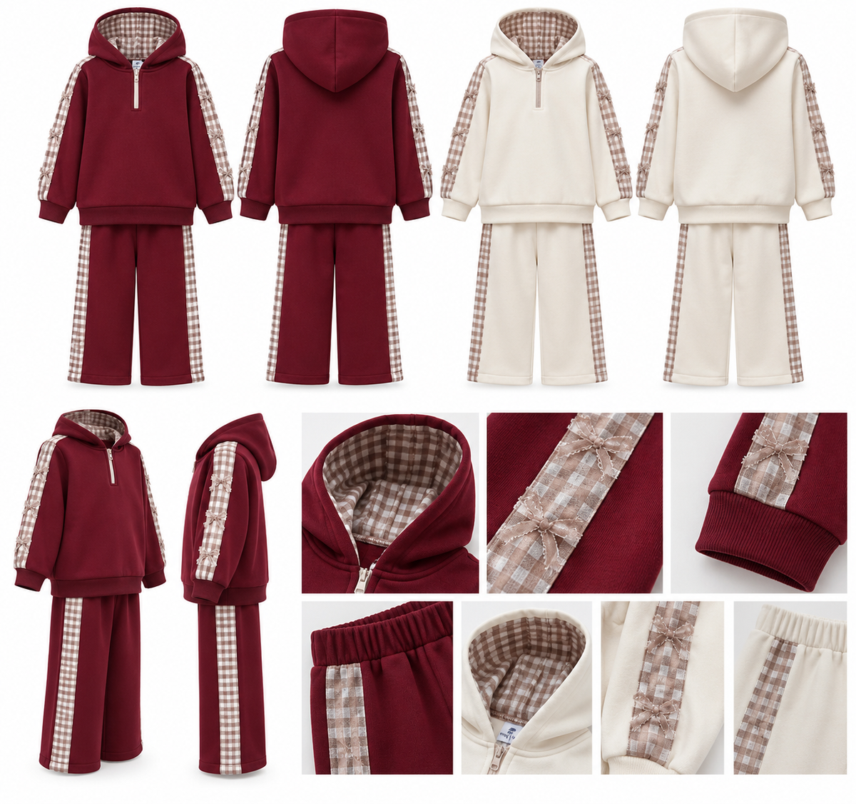 Burgundy and cream gingham bow tracksuits - product angles and details