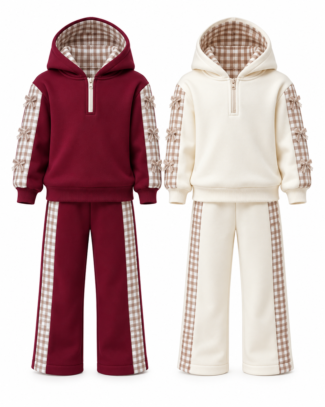 Burgundy and cream gingham bow tracksuits - ghost mannequin