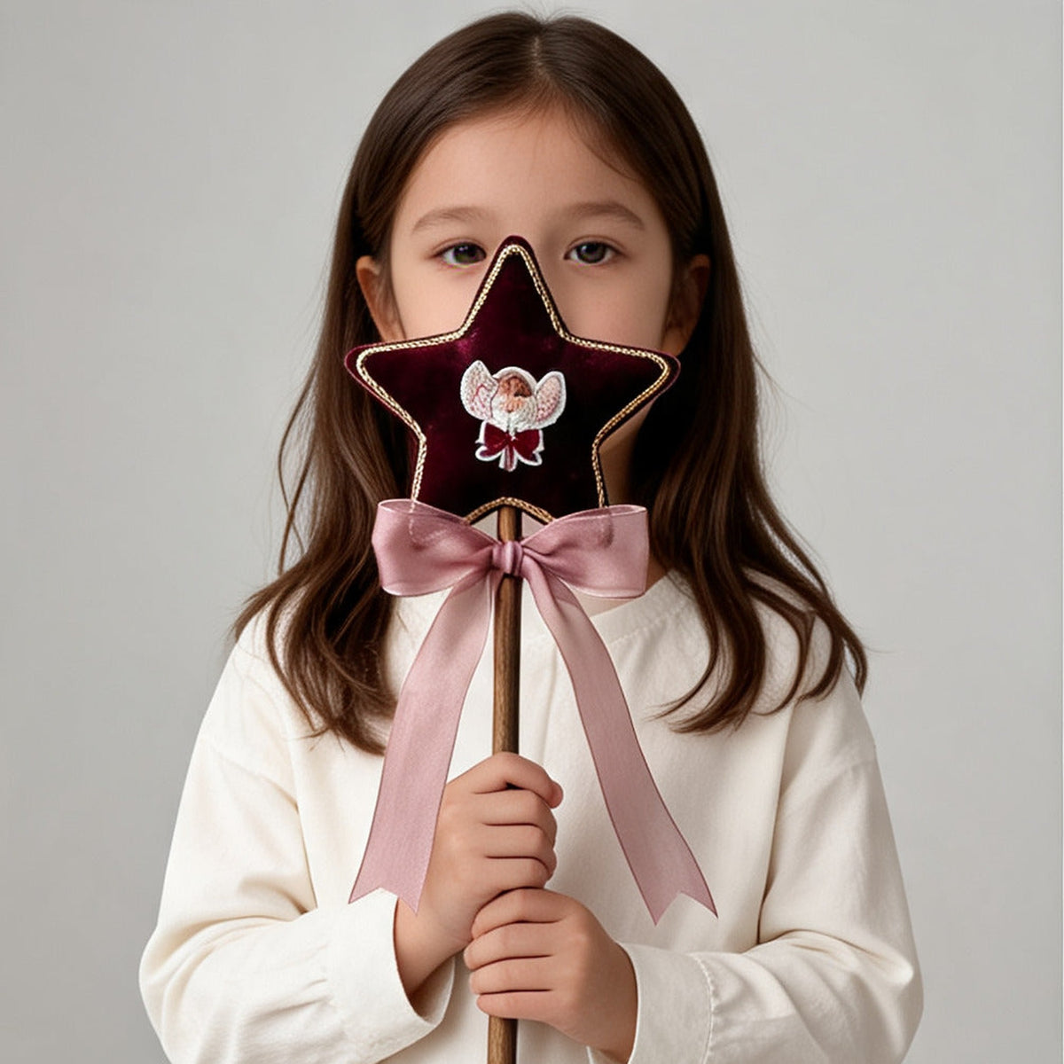 Girl holding the Robin Star Wand, a burgundy velvet star with an embroidered robin and pink satin ribbon, White Daisy Christmas collection