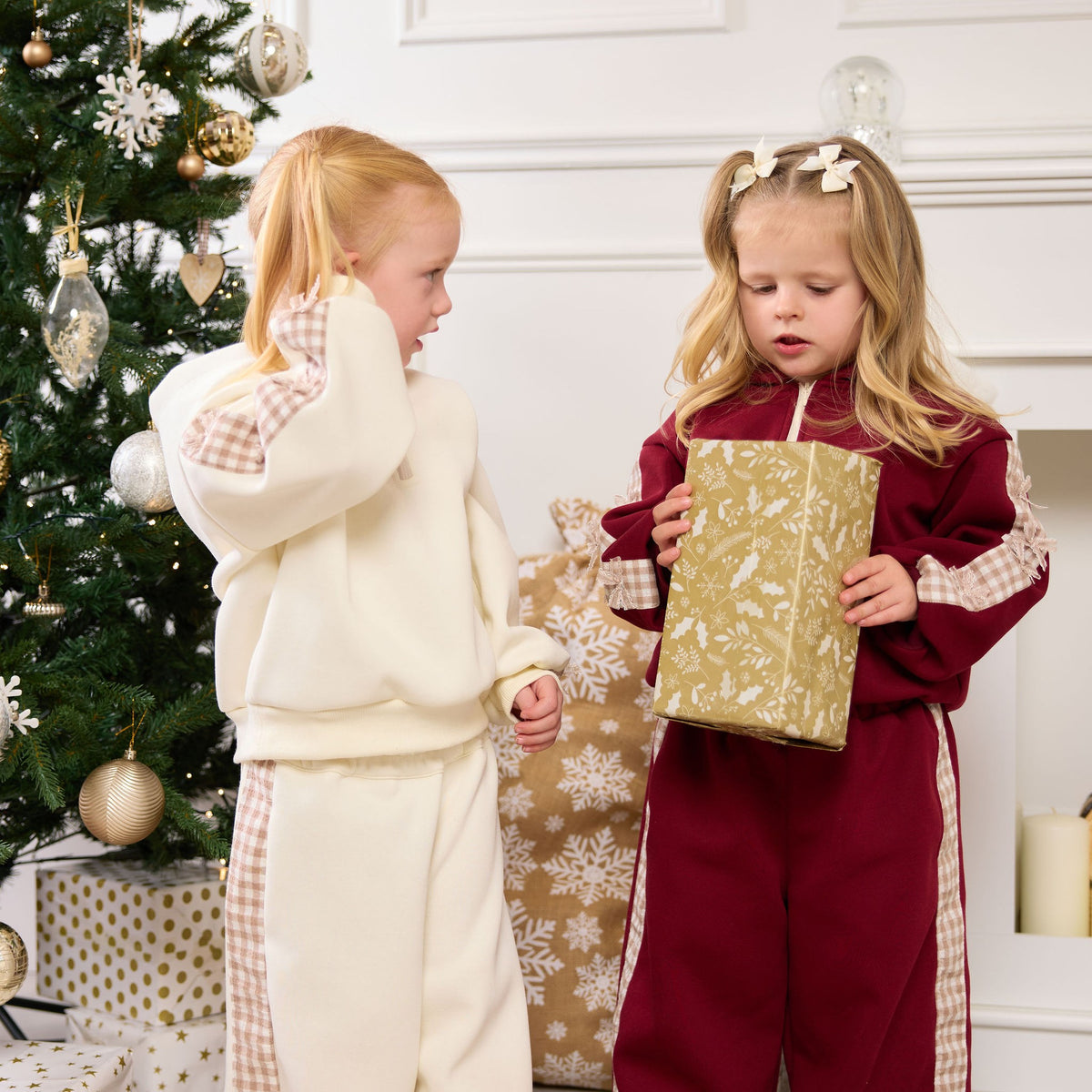 Gingham Bow Tracksuit in cream and burgundy, side view