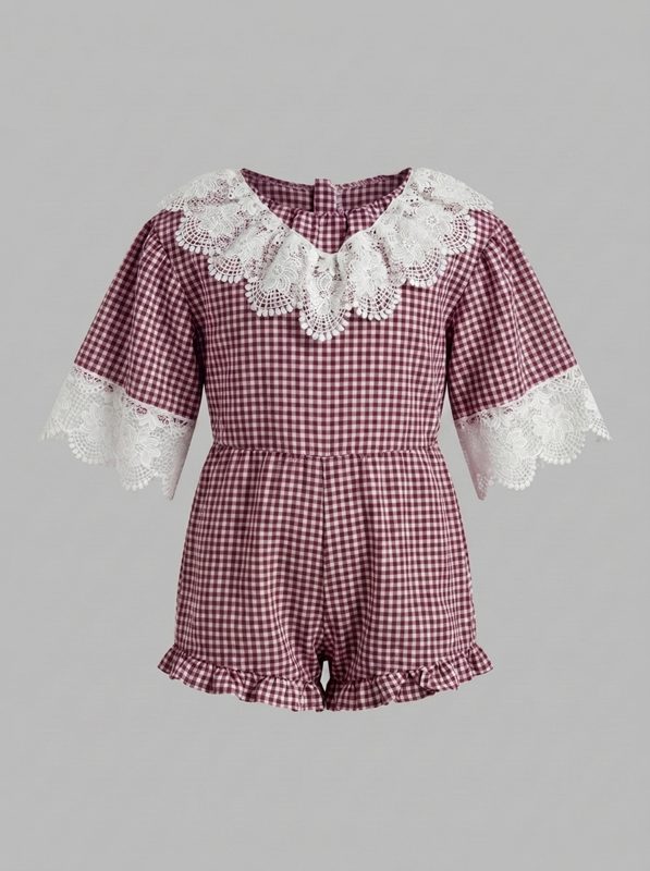 Gingham Lace Romper — Red
