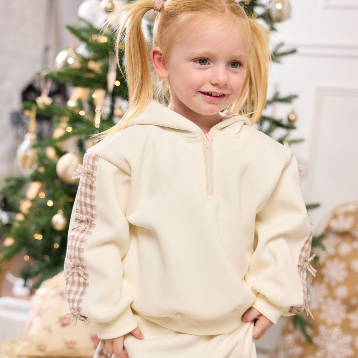 Gingham Bow Tracksuit, cream front