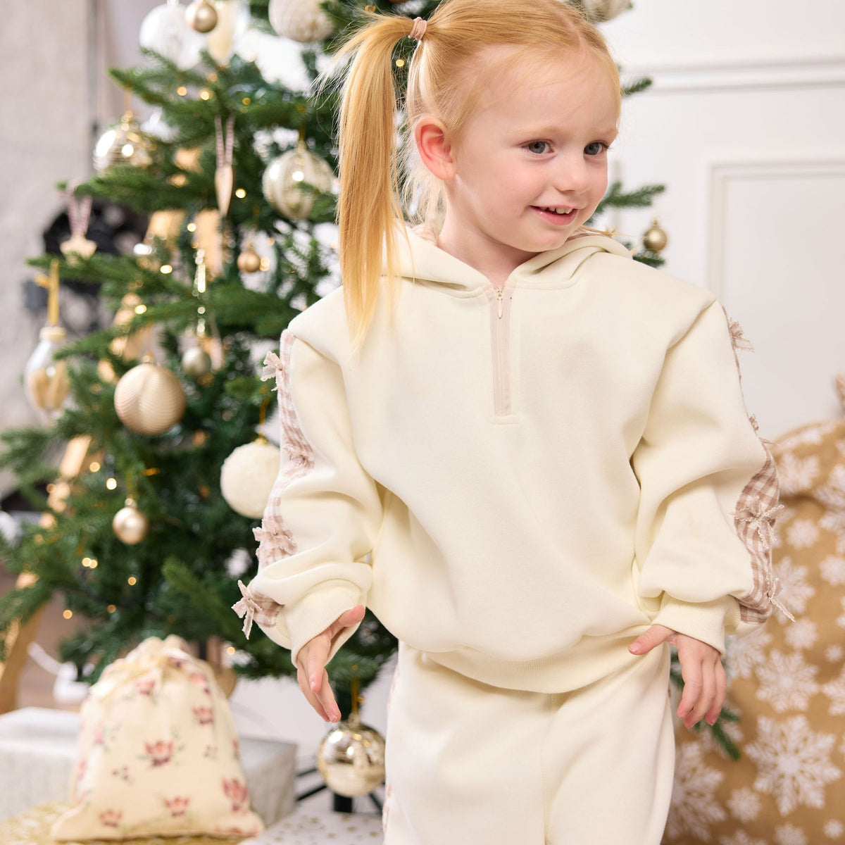 Gingham Bow Tracksuit, cream front