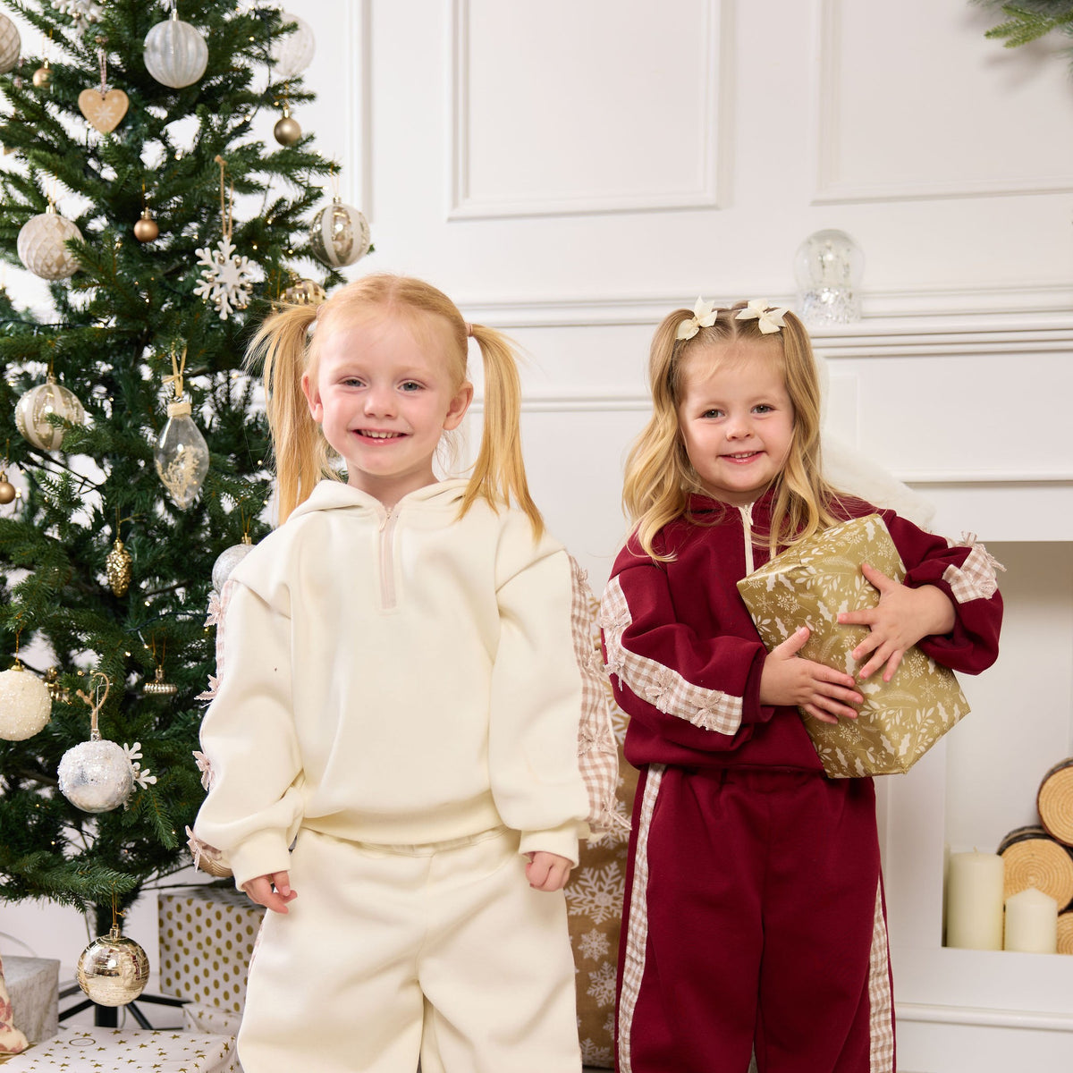 Gingham Bow Tracksuit in cream and burgundy, front