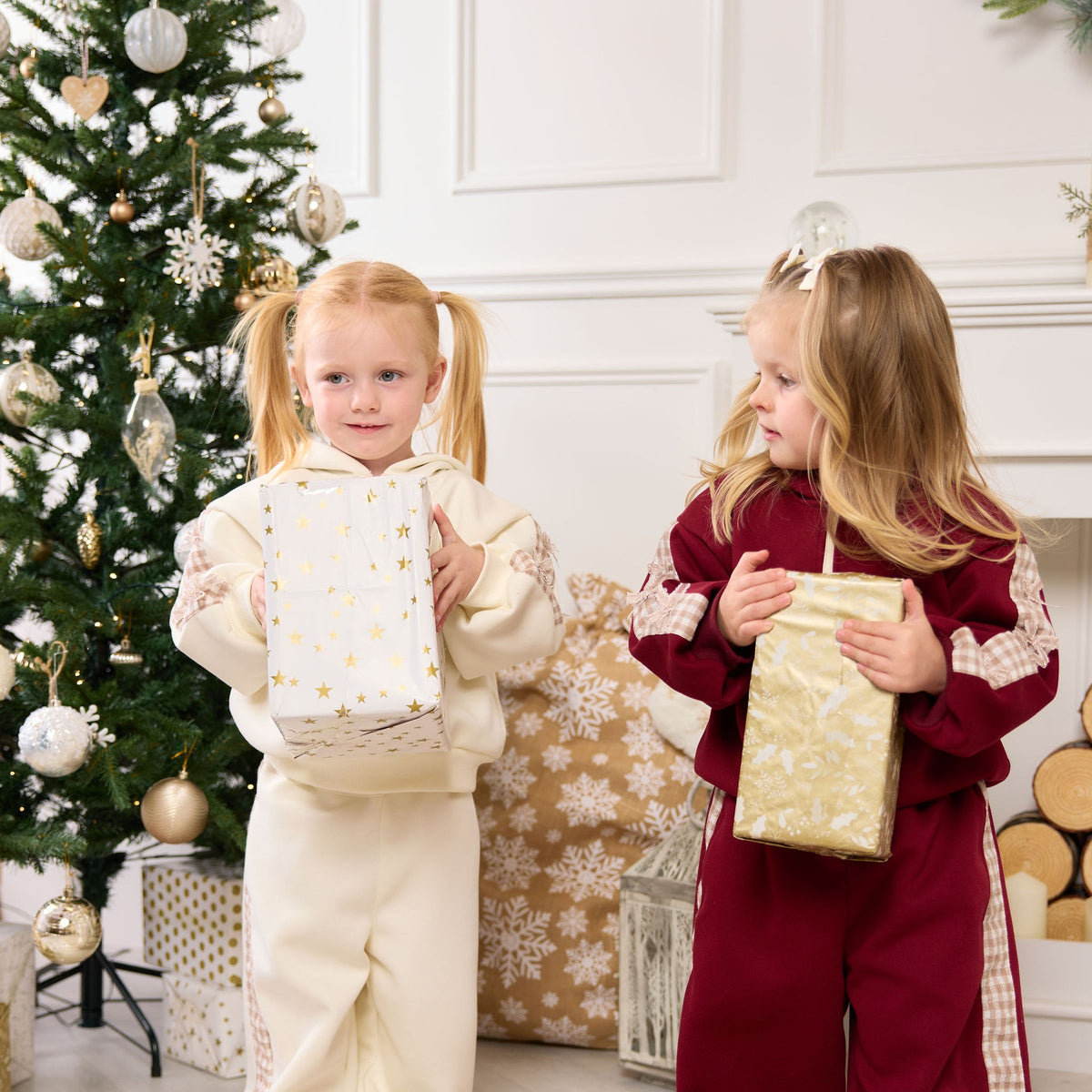 Gingham Bow Tracksuit in cream and burgundy, with presents