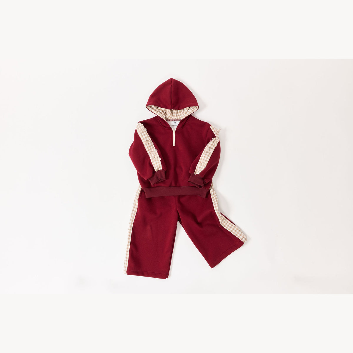 Gingham Bow Tracksuit in burgundy, flat lay
