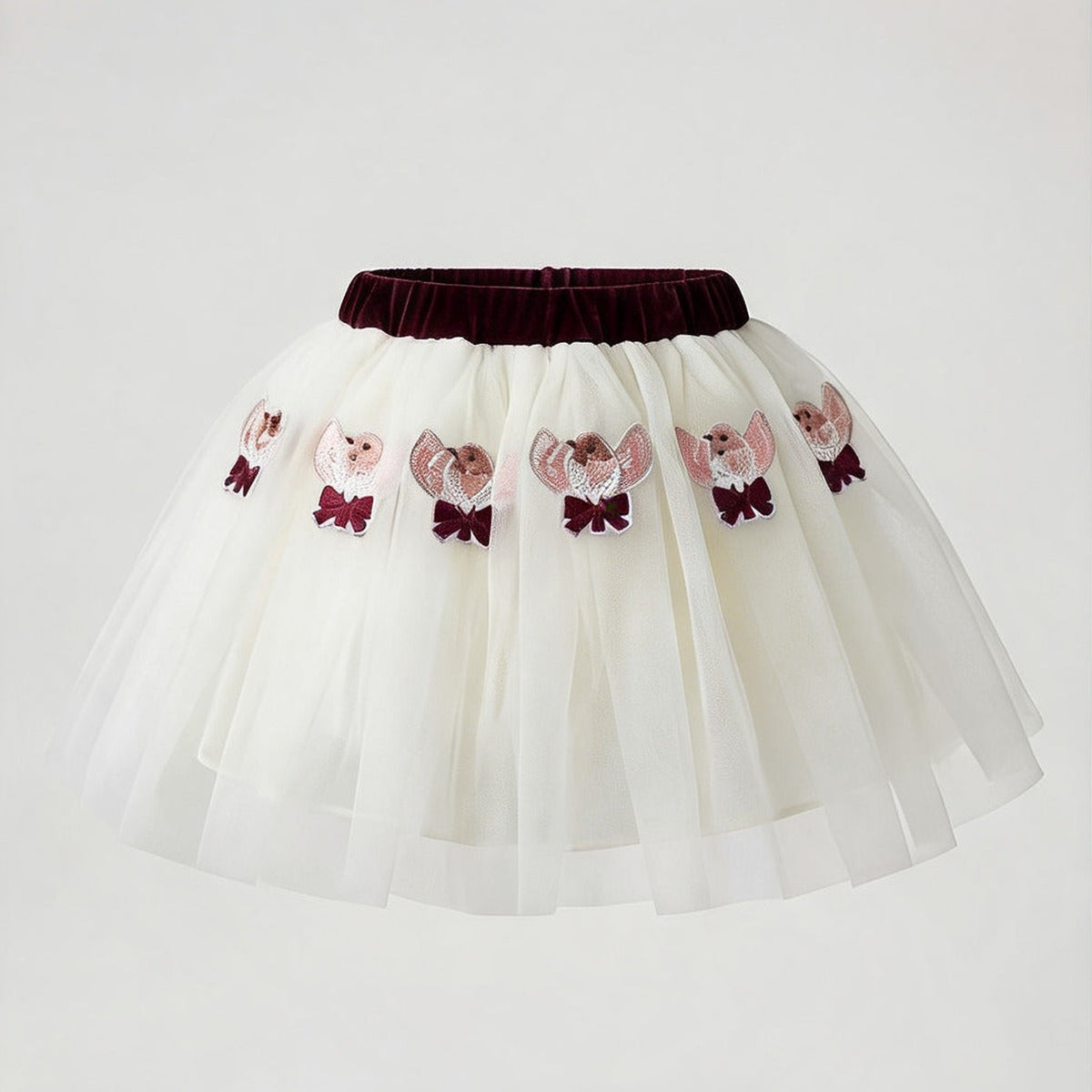 Robin Tutu Skirt in ivory tulle with burgundy velvet waistband and embroidered robins, White Daisy Christmas collection