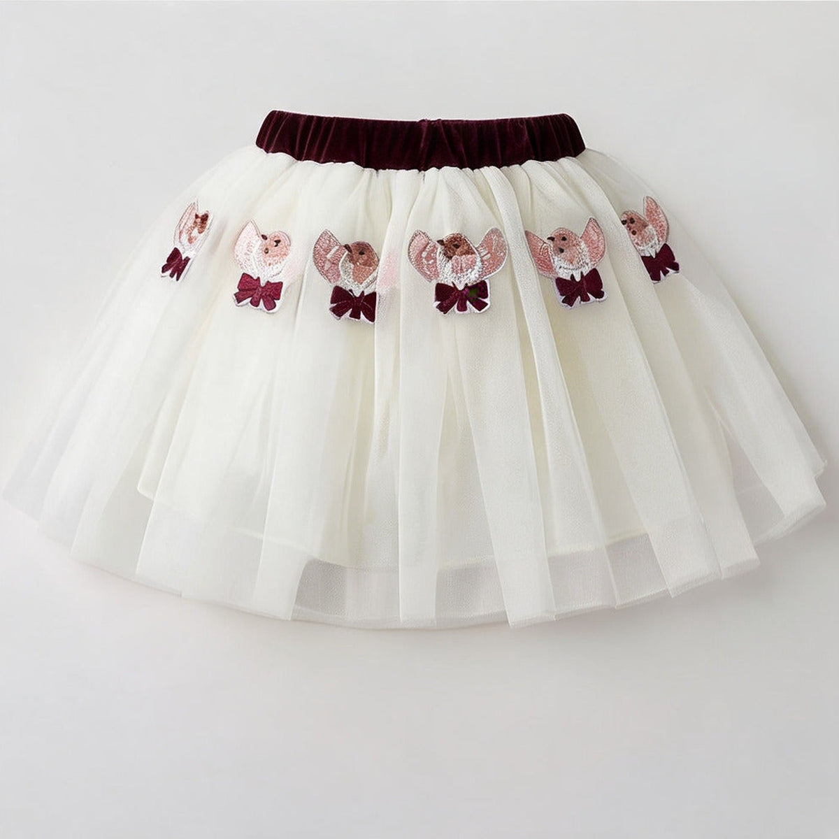 Robin Tutu Skirt shown with the burgundy velvet waistband and a row of embroidered robins across the ivory tulle