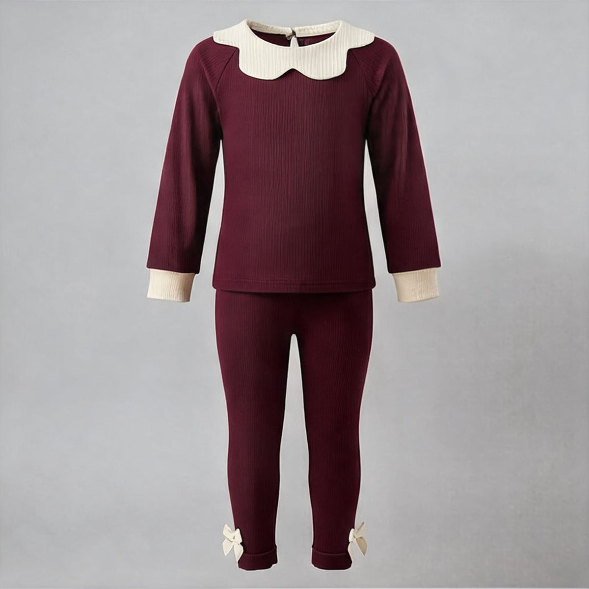 Robin Soft Borg Set in burgundy with a cream scalloped Peter Pan collar and cream cuffs, White Daisy Christmas collection