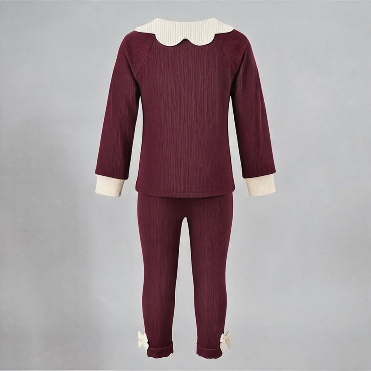 Back view of the burgundy Robin Soft Borg Set showing the scalloped collar and ribbed leggings