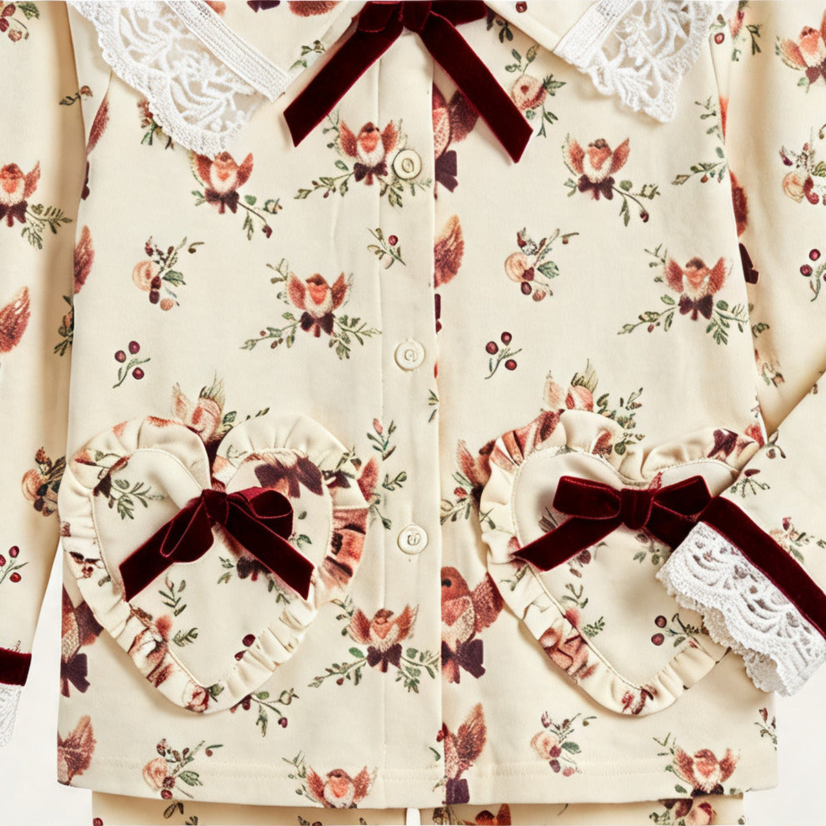 Close up of the lace collar, burgundy velvet bow and robin print on the Christmas Pyjamas