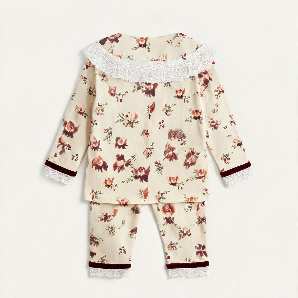 Back view of the Christmas Pyjamas showing the lace trimmed collar and printed cotton