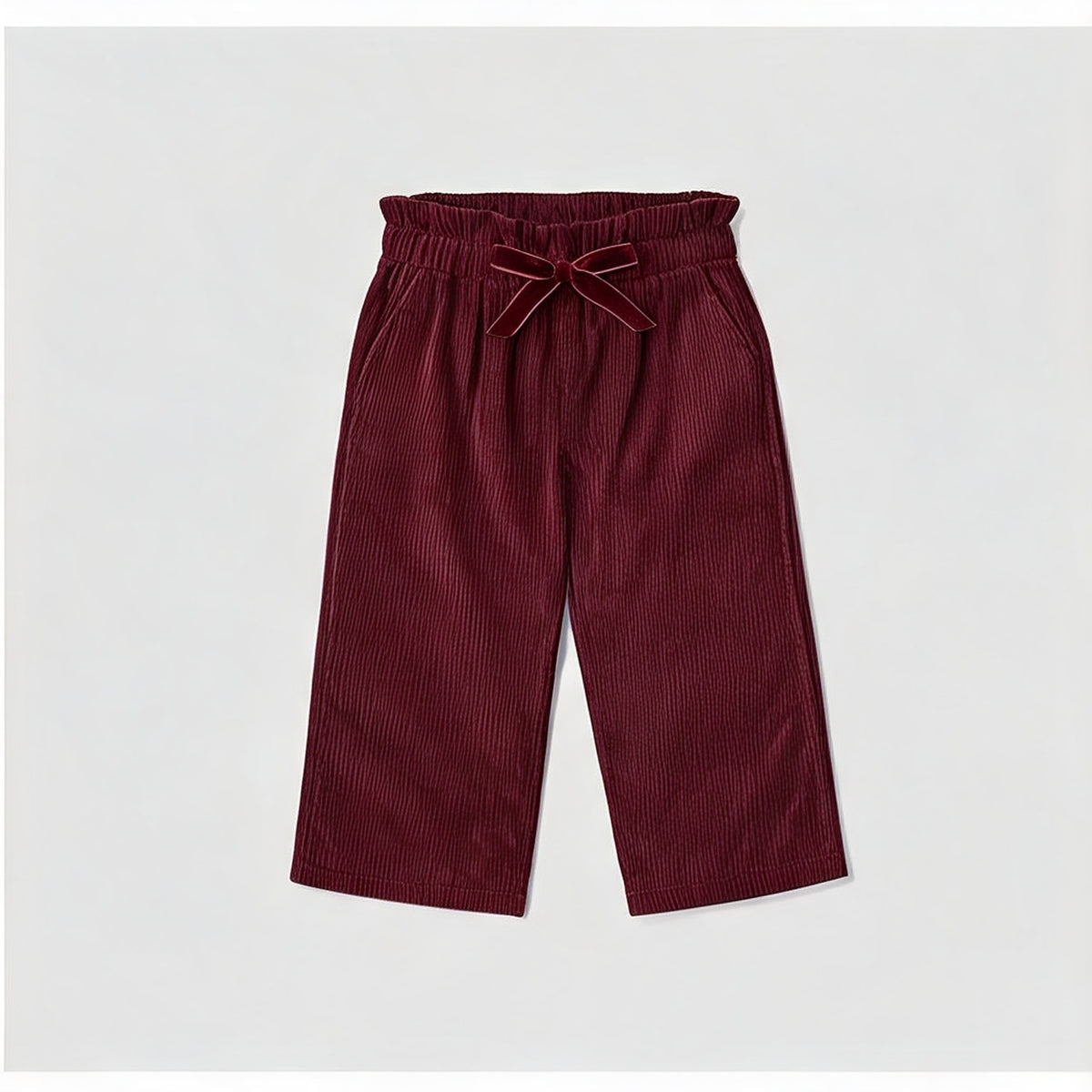 Robin Needlecord Trousers in burgundy needlecord, full length front view with wide flared leg